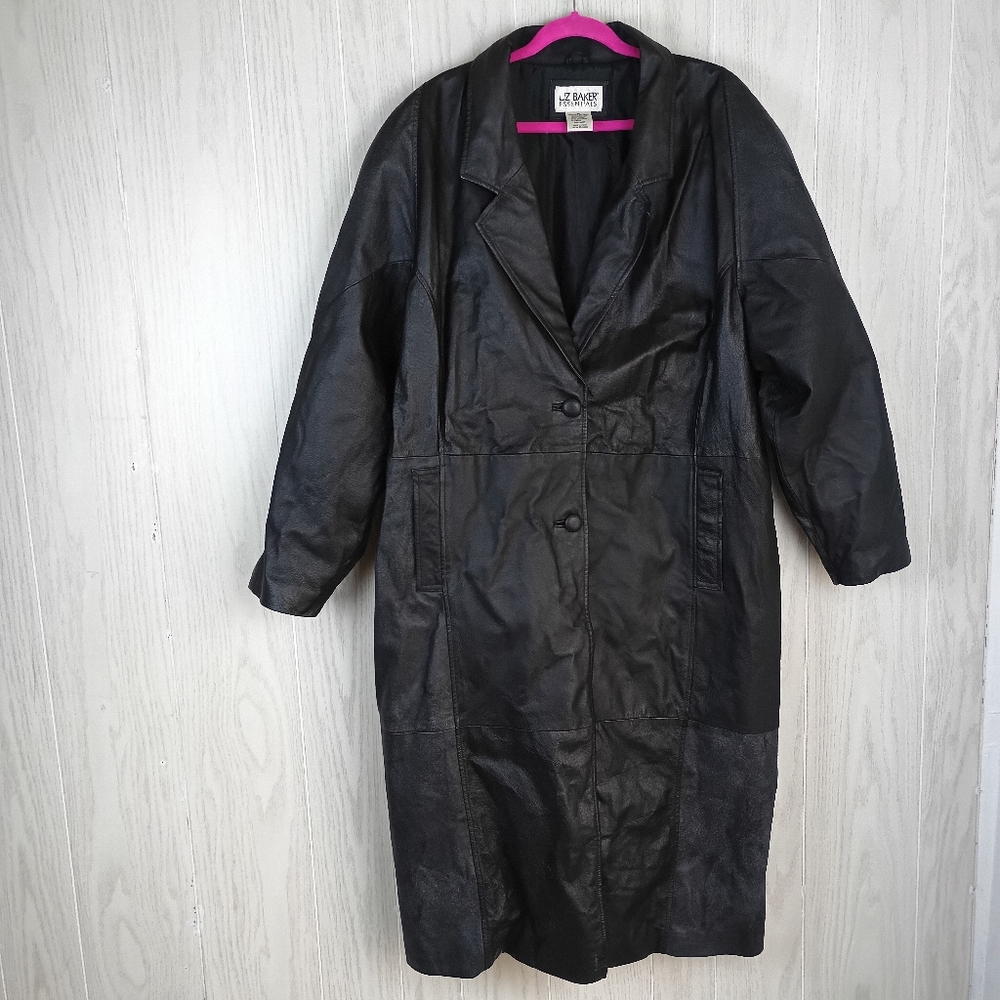 Liz Baker Essentials Y2K Black Leather Long Duster Trench Coat Jacket Plus 3X.